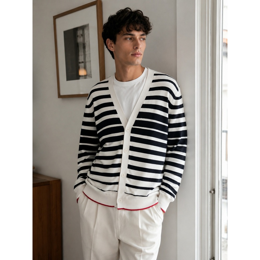 Twenty One Men Black White Striped Cotton‎ Cardigan Unisex XL Nautical Preppy